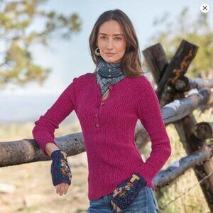 Sundance Birdie Henley Ribbed Sweater Cotton Silk Blend Berry Pink Large